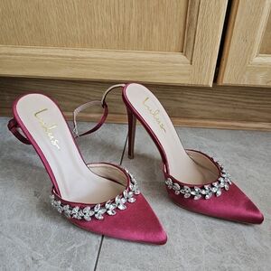Lulu's Fuchsia Satin Heels with Crystal Accents